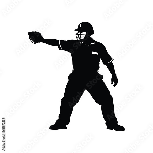 Silhouette of baseball umpire signaling a strike, wearing protective gear and uniform, baseball umpire calling safe silhouette vector illustration