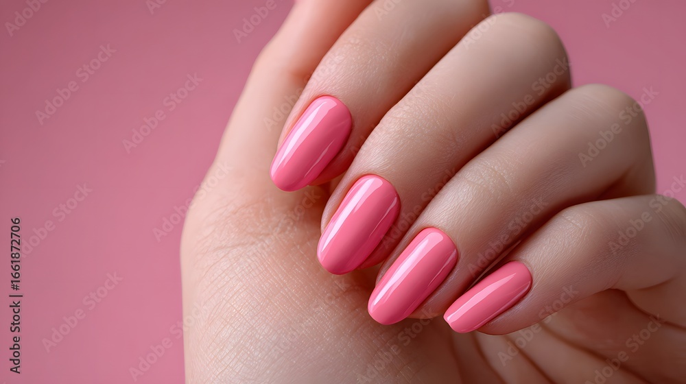 Close-Up of Well-Groomed Hand with Glossy Pink Nail Polish Against a Soft Pink Background Close-Up of Well-Groomed Hand with Glossy Pink Nail Polish Against a Soft Pink Background