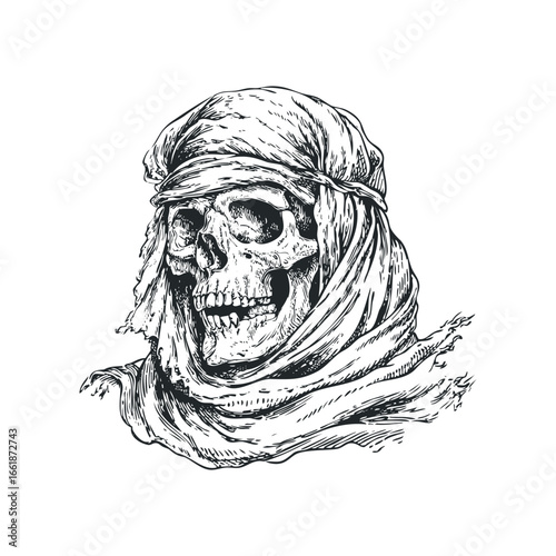 Skilled line drawing of a weathered skull wrapped in desert headwear