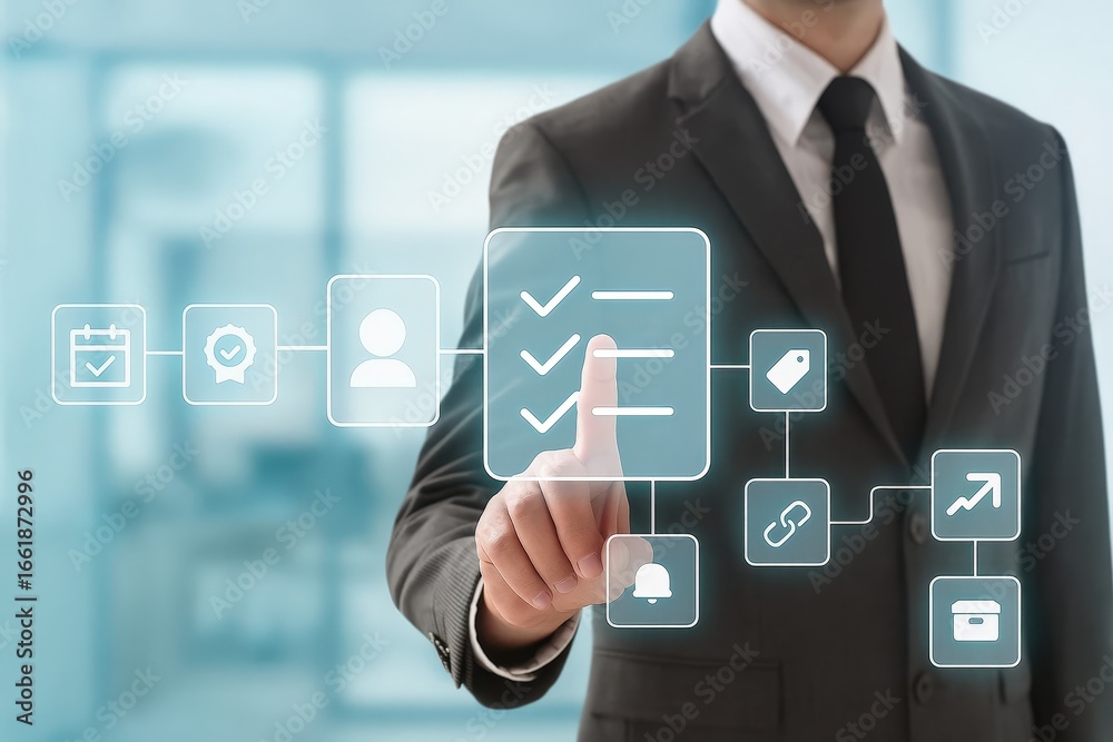 Obraz premium A businessperson interacts with a digital interface displaying interconnected workflow icons, highlighting a process with tasks, approval, and progress indicators.