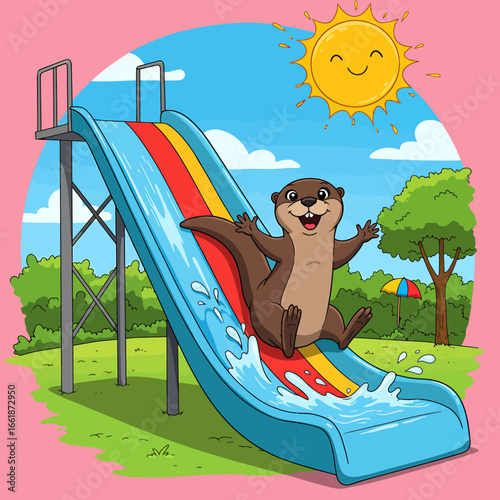 Happy otter sliding down a colorful water slide on a sunny day in a vibrant park setting