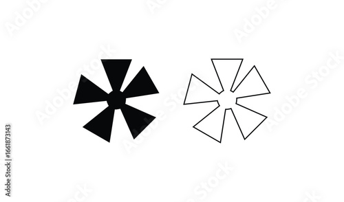 Two stylized pinwheel shapes one solid black and one outlined