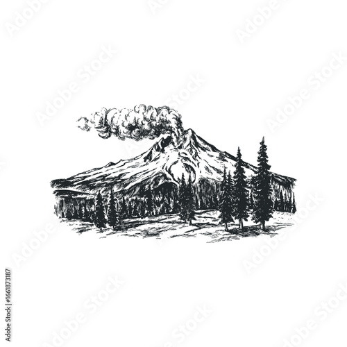 Volcano eruption spewing smoke over a forest landscape sketch