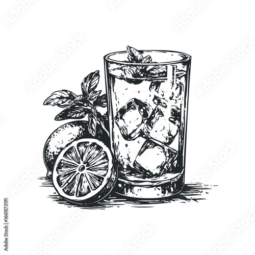 Hand drawn sketch of a refreshing tall glass of iced beverage with lemon slices and mint leaves
