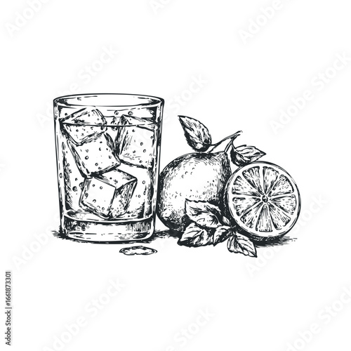 Hand-drawn sketch of a cold glass of water with ice cubes and fresh lemon slices