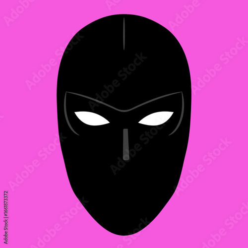A stylized black mask with white eyes set against a vibrant pink background, suggesting mystery