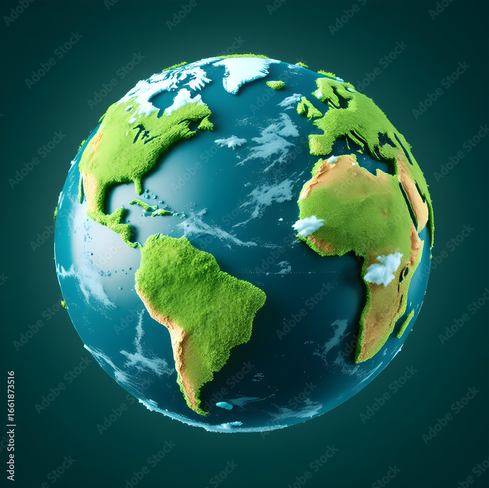 Fototapeta premium Detailed 3d rendering of planet Earth with continents covered in green grass and realistic textures, ecological world concept with oceans, clouds and natural surface relief, environmental illustration