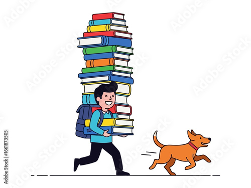 Journey of Knowledge: A young scholar embarks on an educational adventure, carrying a towering stack of books while a playful canine companion eagerly accompanies him. A charming and whimsical scene.
