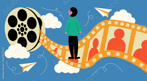 Cinema Journey: A creative illustration depicts a film reel and filmstrip, with a person standing on a filmstrip.