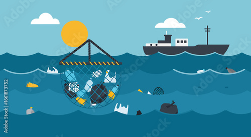 Illustration of a fishing net collecting plastic waste from the ocean with a ship in the background