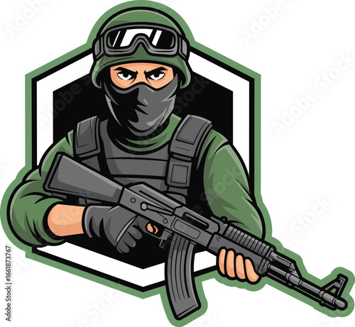 Cartoon soldier in tactical gear holding assault rifle with determined expression military army