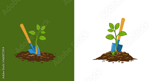 A vibrant illustration of a blue shovel planting a young green plant in rich brown soil