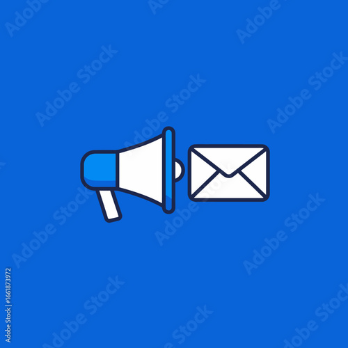 Illustration of a megaphone next to an envelope on a bright blue background, symbolizing communication