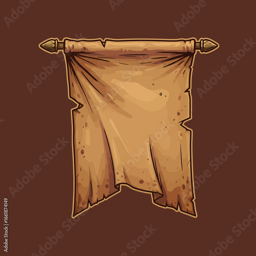 A weathered, tattered banner hanging from ornate poles against a rich brown background
