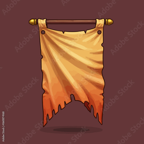 A weathered, tattered banner hanging from a wooden rod, showcasing a warm gradient, suggesting age