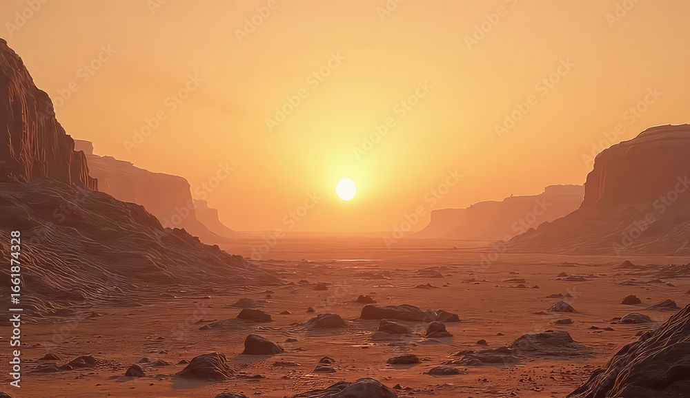 Naklejka premium Sunset over a canyon landscape with rocky terrain and warm orange hues in a desert environment view