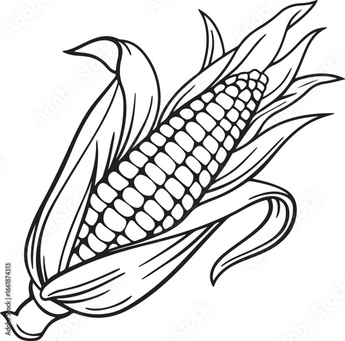 Vector art silhouette image of an ear of corn with a black outline drawing