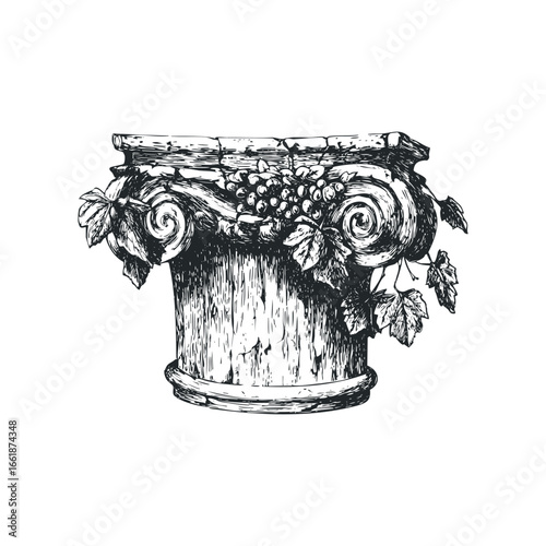 Ornate stone column capital adorned with grapevines and leaves