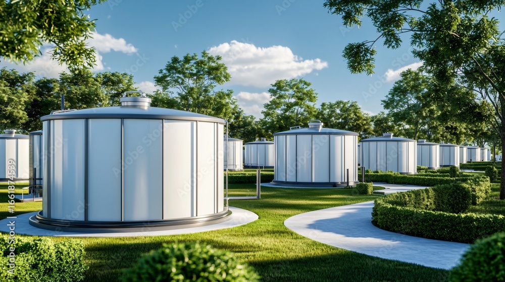 Obraz premium Biogas methane storage dome attached to biomass anaerobic digestion farm system