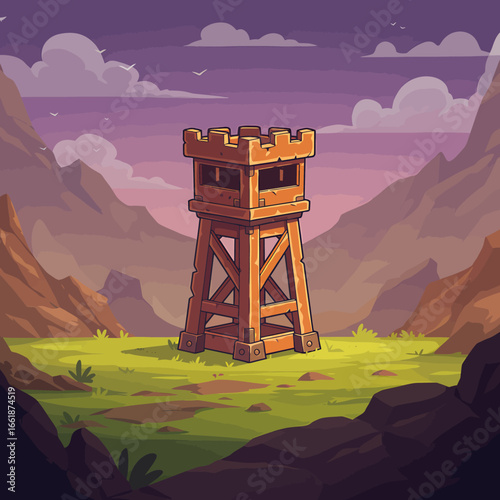 A wooden watchtower stands tall in a vibrant valley surrounded by majestic mountains at sunset