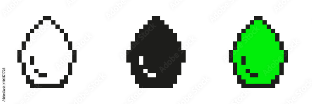 Fototapeta premium Pixel Art Drop Icon Set. Liquid And Water Symbols In Pixelated Style. Includes White, Black, And Green Variations. Isolated Vector Illustration
