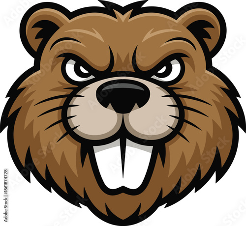 Fierce brown beaver mascot head with large teeth and angry eyes animal face