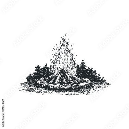 Campfire with glowing flames in a forest clearing surrounded by stones and trees