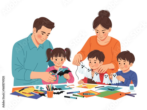 Family Crafting Moment: A loving family, gathered around a colorful table, immerses themselves in a creative craft session, as they fashion decorative items, celebrating the spirit of togetherness.