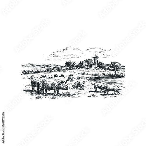 Pigs grazing in a field near a rustic building under a cloudy sky