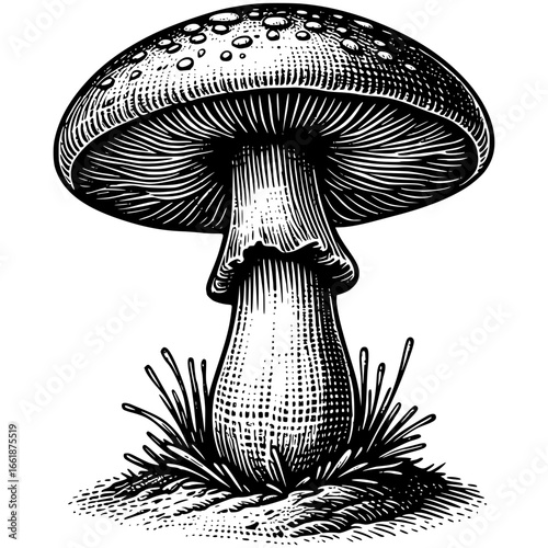 Mushroom in Forest: A detailed, monochrome engraving of a solitary mushroom emerges from the forest floor, the art piece showcasing natural forms.