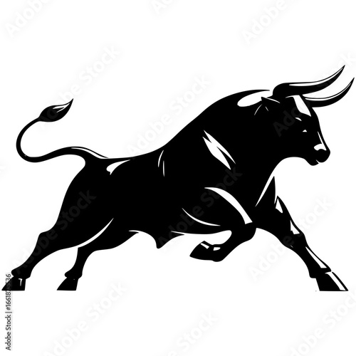 Powerful Bull Silhouette: An artistic black and white rendering captures the dynamic strength of a charging bull, embodying the spirit of resilience and determination.