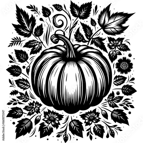 Autumnal Pumpkin Illustration: This captivating monochrome illustration of a plump pumpkin surrounded by an array of elegant leaves and blooms is a visual ode to the autumn season.