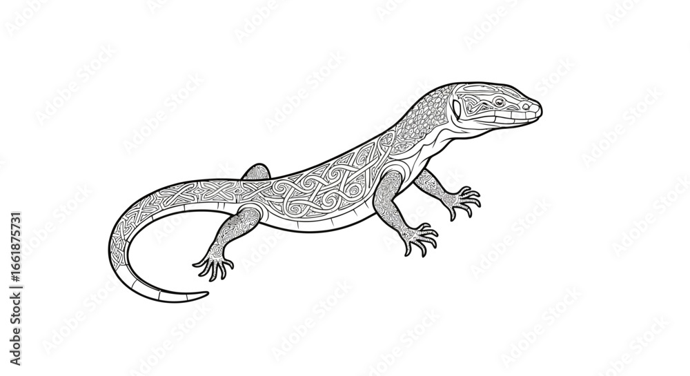 Naklejka premium Monitor Lizard Sketch:Detailed line art drawing of a monitor lizard, showcasing its sleek body, powerful legs, and long tail. The sketch highlights the intricate scales and features of this reptile.