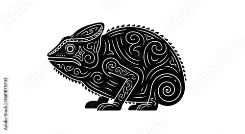 Chameleon Illustration: A detailed illustration showcases a chameleon, intricately designed with bold patterns and symbolic motifs.