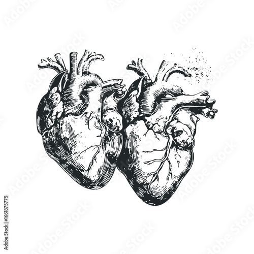 Pair of Anatomical Human Hearts with Ink Style Crosshatching