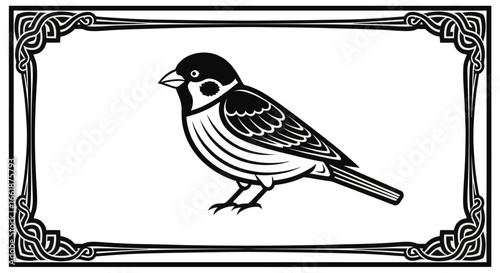 Bird with Ornate Frame: A finely detailed illustration showcases a charming bird, artfully enclosed within an elegant frame of intricate Celtic-inspired design.