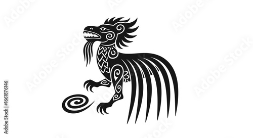 Mythical Creature Silhouette: A detailed, stylized black illustration showcases a mythical creature, exuding an air of mystique and legend against an artistic composition.