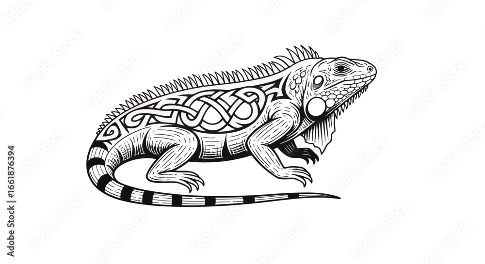 Obraz premium Iguana Artwork: A detailed illustration of an iguana, intricately designed with tattoos, showcasing the beauty of the reptile.
