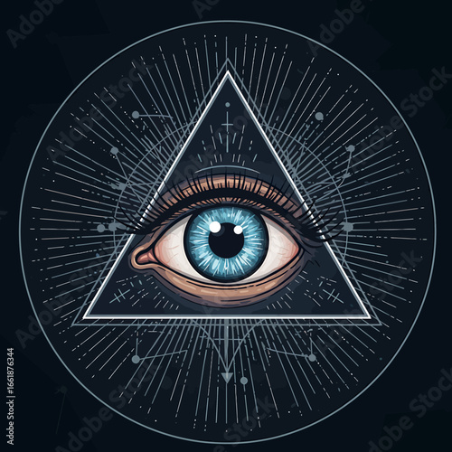 Intricate illustration of an eye within a triangle, radiating lines and symbols, suggesting mystery and insight