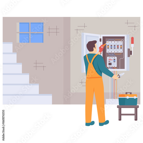 Electrician performing tests on disconnector box concept, isolator switch mechanical fastening vector design,Electric  Profession banner,High Voltage Power Supply scene Handyman Repairman illustration