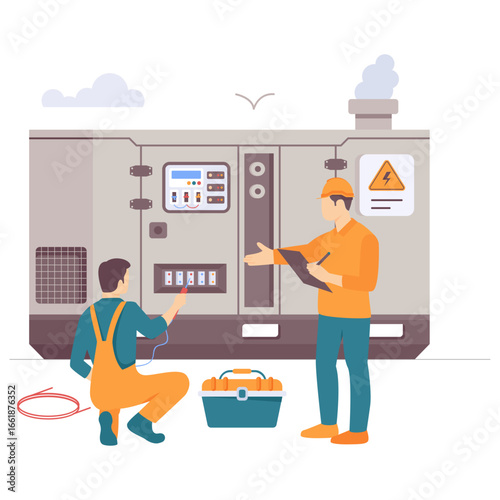 technicians are working electric generator concept, Power backup system vector design, Electrician Profession banner, Low High Voltage Electricity Supply scene, Handyman and Repairman illustration