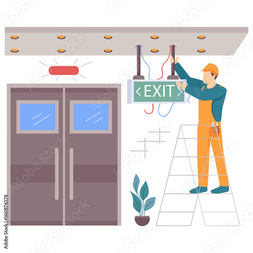 Fire Safety staff inspecting emergency exit sign concept, electrician reconnect egress signage vector design, Electric Profession banner, Low Voltage Power Supply scene Handyman Repairman illustration
