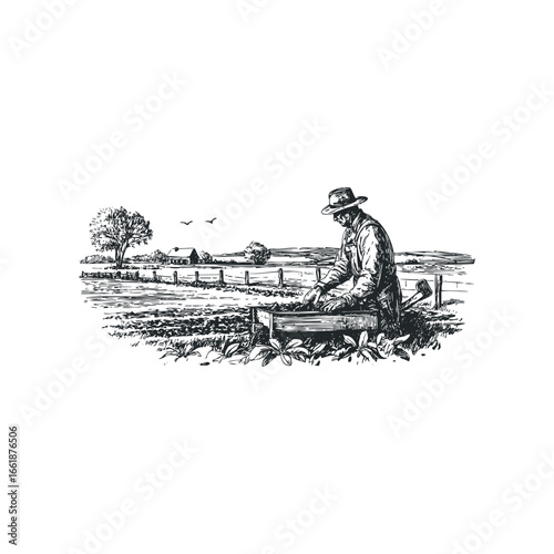 Farmhand planting seeds in soil with a rustic farm setting