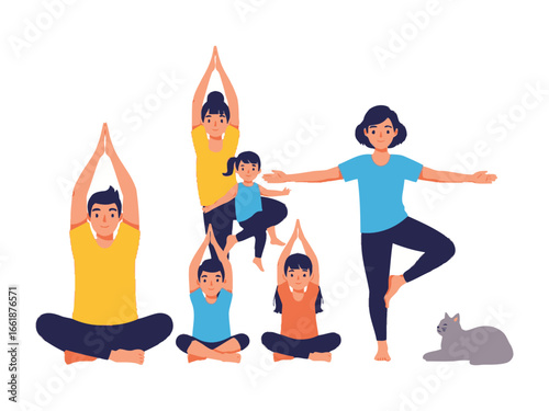 Family Harmony in Yoga: This illustration captures a heartwarming scene, showing a family practicing yoga poses. The focus is on their collective connection and shared enjoyment of mindful movement.