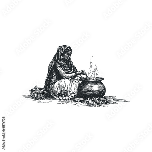 Indian woman cooking outdoors with wood fuel and a large pot