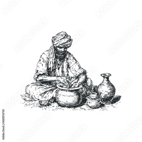 Indian man wearing turban crafting pottery with hands