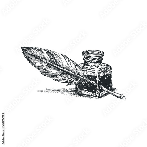 Antique quill pen resting on a vintage inkwell with a classic scribbled texture