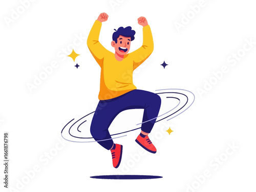 Joyful Celebration: A person in vibrant attire leaps in the air, a visual expression of uncontainable happiness and celebration.