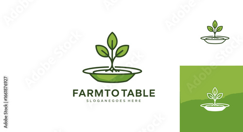 Logo design featuring a sprouting plant in a bowl, symbolizing farm-to-table concepts and sustainability