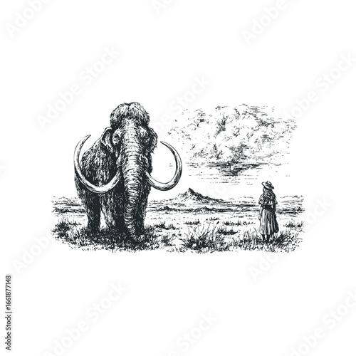 Mammoth encountering a person in a vast open landscape with mountains and sky